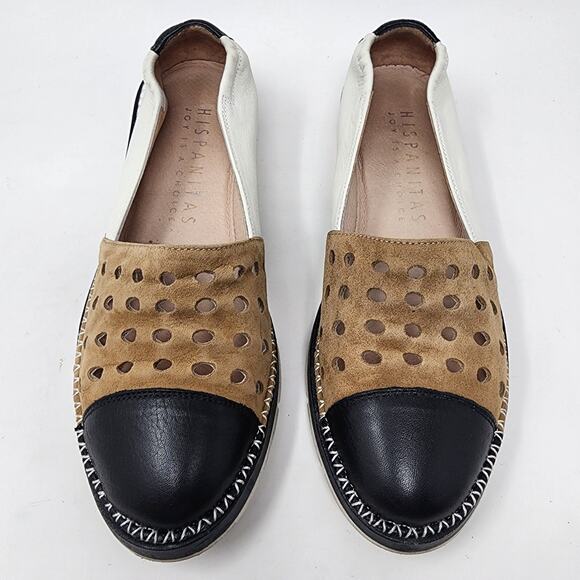 Hispanitas Flats Women 7 Chica Slip-On B&W Leather with Tan perforated Suede - Picture 3 of 10